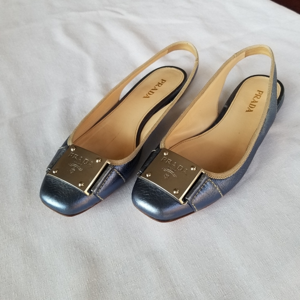 PRADA Metallic Blue Gray Slingback Flat Sandals